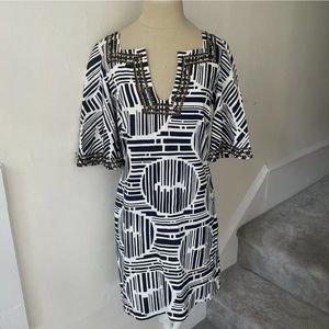 Trina Turk Navy White Cotton Lek Bamboo Forest Embellished Dress - Small